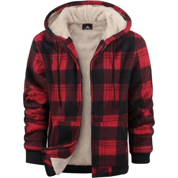 Mens Plaid Hoodies Winter Zip Up Fleece Jacket Sherpa Fleece Lined Warm